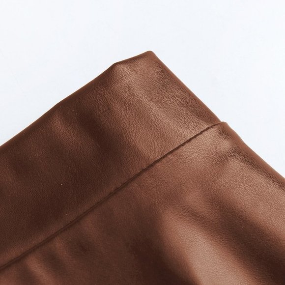 Coffee Brown Preppy Womens Plus Solid PU Leather Flare Skirt - Picture 4 of 5